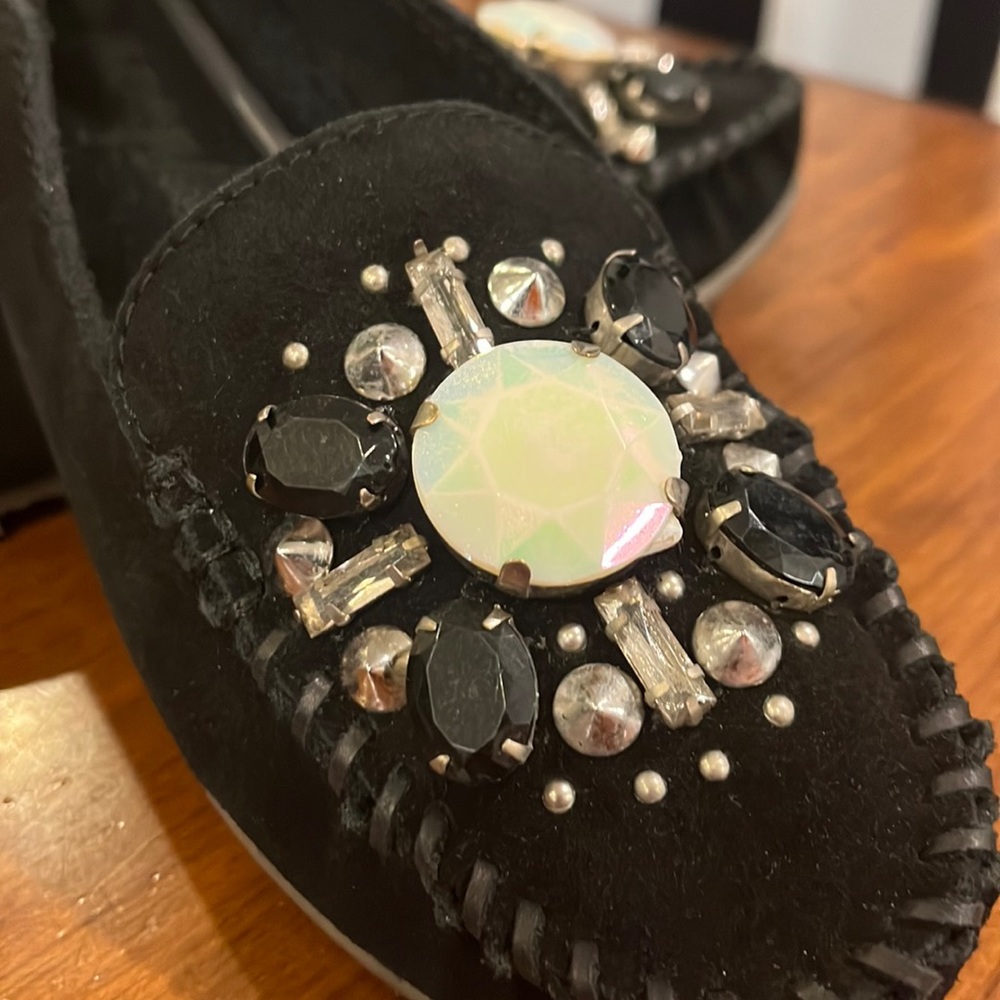 Free People Cherokee Gem Stone Moccasin Shoes Flats Black Suede Womens Size 8 - Picture 8 of 13